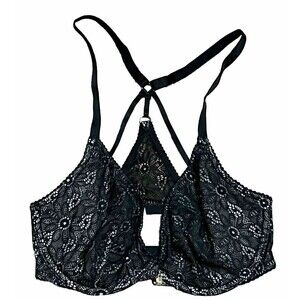 Victoria's Secret Bra 32DD Black Lace Very Sexy Plunge Crossback U/W Front Close